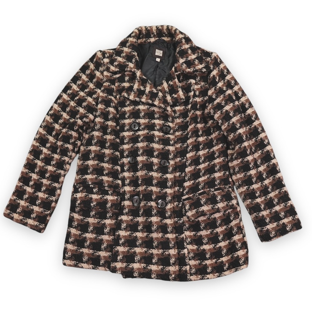 VTG Old Navy Peacoat Womens Large Brown Black Wool Blend Houndstooth Jacket